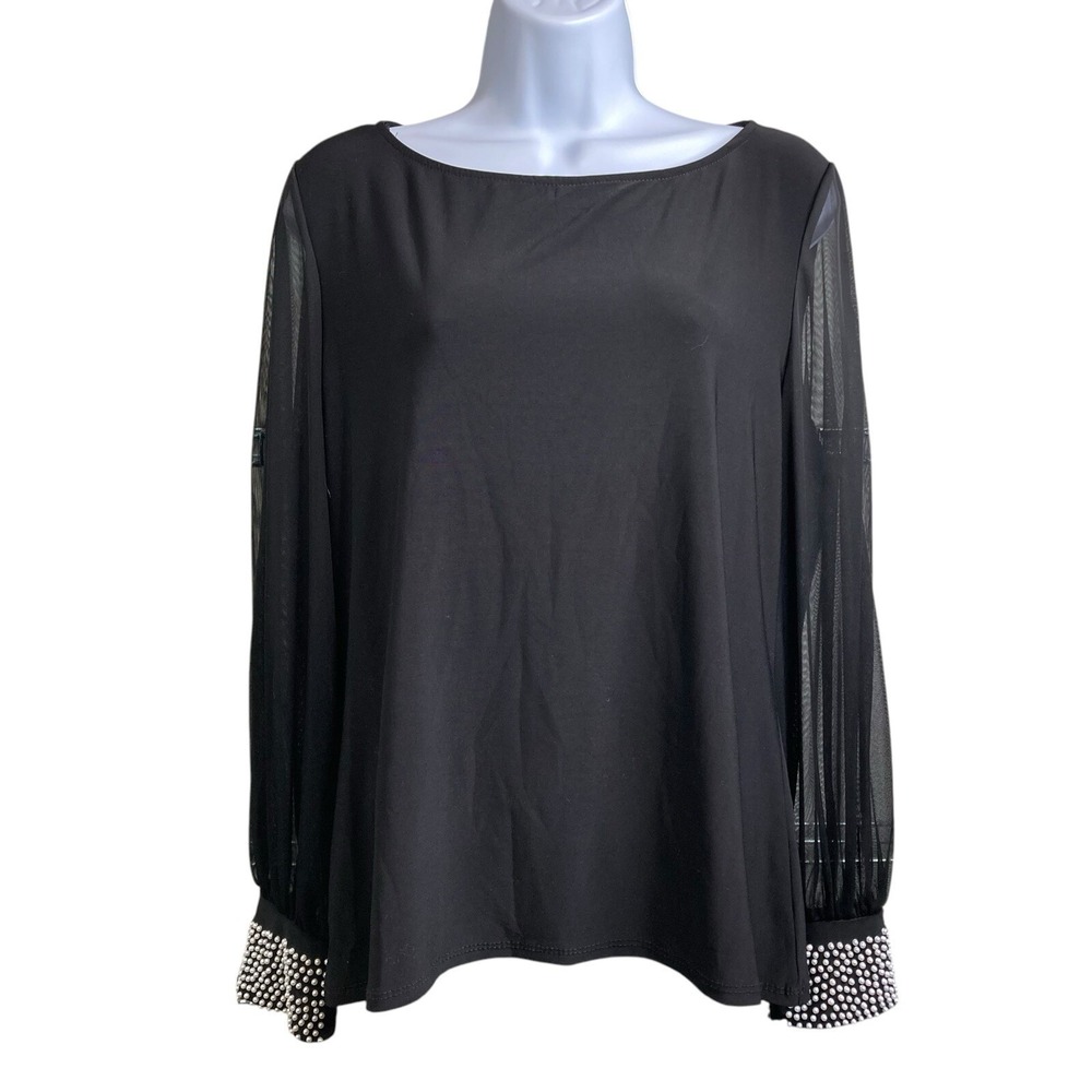 Vtg 90s Nicole Miller Black Evening Blouse XL Pearl Cuffs Flowy Silky Minimalist